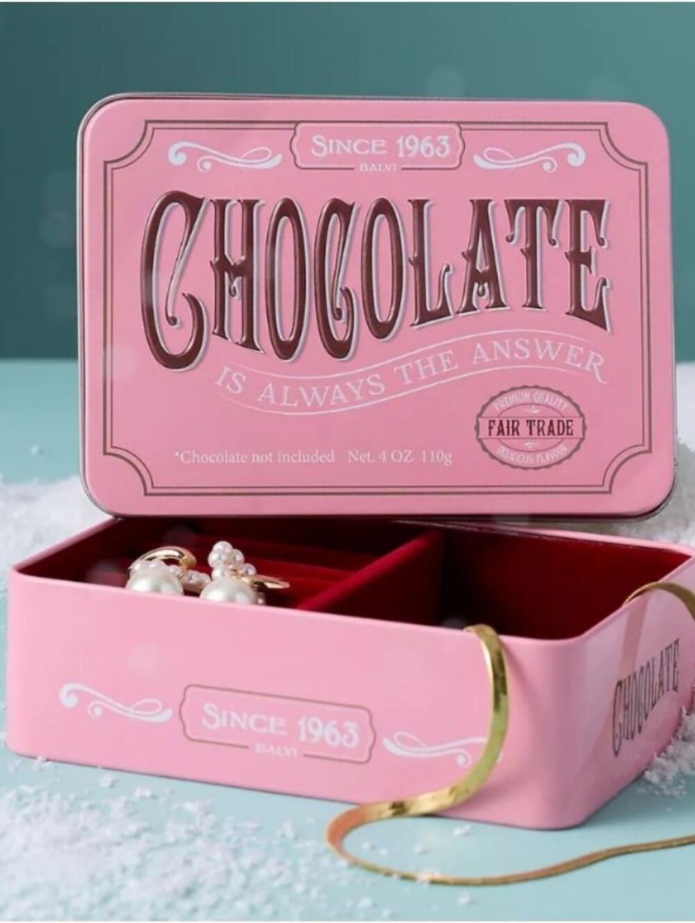 NWT Balvi Tin Jewelry Box "Chocolate Is Always The Answer"